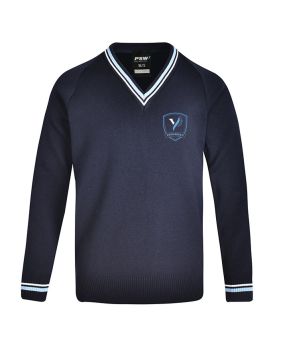 Poly Cotton Jumper with Stripe Bands for V-Neck/Cuffs and Plain Hem Band